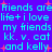 Pixelated cyan text on purple background with red starbursts, repeating phrases about friends and names.
