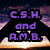 Purple text 'C.S.H. and A.M.B.' appears over a sunset sky with hands forming a heart shape, transitioning to the same scene without text.