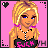 Animated contact sheet of a pixel art character with blonde hair and pink accents, displaying various poses and text frames on a pink background.