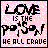 A 3x3 grid of pixelated animated frames showing variations of the phrase "LOVE IS THE POISON WE ALL CRAVE" with changing text colors and one frame containing a typo, all on a pink dithered background.