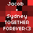 Pixelated text on a red and black checkered background with white text reading Jacob + Sydney TOGETHER FOREVER<3