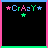 A 6-frame animated contact sheet showing a pixel art animation of the word "Crazy" with colored stars moving across a black background, framed by pink borders and green horizontal bars.