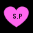 Four pink heart-shaped icons with black text "S.P" centered on each, displayed in a against a solid black background