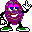 Purple cartoon character with pink hair, blue eyes, white gloves, green shoes on gray background in six poses.