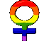 rainbow-colored female gender symbols with blue and purple crossbars, each in different orientations on a gray background
