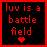 Red pixelated text on black background with red border and heart symbol below.