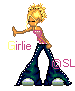 Pixelated character with blonde hair and pink top, standing in a walking pose with text labels and '@SL' watermarks.