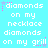 Pixelated text repeats 'diamonds on my necklace diamonds on my grill' across a cyan background with pink and purple star accents.