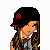 Pixel art contact sheet showing a skater girl character in multiple poses with consistent clothing and accessories, including a black cap with red symbol, gray shirt, patterned pants, and white earbuds.