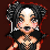 Pixelated character with black hair, white face paint, and dark clothing in two poses against a brown background.