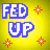 Pixelated animated buddy icon with yellow background, blue text "FED UP", orange starbursts, and a blonde character in gray dress with pink accents.