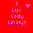Red background with pink text reading "I Luv Cody Linely!!" and a pixelated heart symbol that changes to a starburst pattern in one frame.