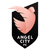 Pixelated shield-shaped icon with black background, pink curved shape resembling a hand or abstract form, and gray pixelated text at bottom.