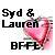 Pixelated image with black text reading 'Syd & Lauren BFFL' over a pink and white blurred background.
