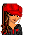 Pixel art contact sheet showing three frames of an animated character with red headwear, black outfit, and exposed midriff alongside stylized text on a black background.
