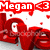 Red and white pixelated icon with 'Megan' text above a stylized red figure holding a heart, scattered red pixels on white background.