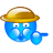 Two side-by-side animated frames of a blue cartoon character with a yellow hat, showing slight pose differences in the arm and facial expression against a gray background.