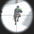Pixelated circular icon with white background and gray border showing a figure in dark clothing holding a green object while standing on a vertical pole.