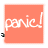 A sequence of orange square icons with white text 'panic!' and black partial phrases, each frame adding one letter to the phrase below.
