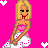 Pixel art of a blonde woman in a pink top and white skirt against a pink polka-dot background with hearts, displaying text variations.