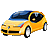 Pixelated yellow car with blue roof and black windows, viewed from side, on gray background.