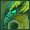 Pixelated green and teal dragon head with glowing cyan eye, yellowish-green mane, dark mouth opening, and pixel-art style background.