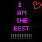 A static pixel art image with pink text reading "I AM THE BEST !!!!!!!!!" on a black background, featuring a red heart symbol above the left side of the text.