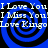 Blue and black spiral background with repeated white text phrases 'I Love You', 'I Miss You!', and 'Love Kingo' in pixelated font.