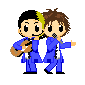 Two pixel-art figures in blue suits: one holds a brown guitar, the other holds a microphone, with visible pose and expression changes across frames.