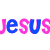 Animated text repeats 'jesus' in alternating pink and blue letters across two , with 'is all I need' below in matching colors