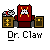 Pixel art animation contact sheet showing six frames of a Dr. Claw character with red chair, brown cabinets, and robotic arm actions.