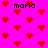 Pixelated icon with bright pink background, red heart shapes scattered throughout, and repeated text "maria" in black pixel font at four positions.