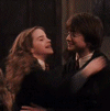 Animated contact sheet of Harry Potter characters in a romantic embrace sequence with text overlays, displayed as a 3x3 grid on gray background.