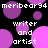Pixelated icon with black background, purple and pink circles, white text reading 'meribear94' and 'writer and artist'.