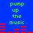 Blue background with green text reading 'pump up the music' and red horizontal bars resembling audio equalizers, displayed in two identical vertical sections.