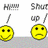Pixelated yellow smiley face with black eyes and mouth on white background, next to sad face with downturned mouth, with cyan text reading "Does it look like I CARE!?" on black background.