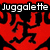 Red background with repeating black silhouette figures; white text 'Juggalette' top-left, '4' top-right, 'LIFE!!!' bottom-left.