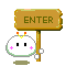 A 4-frame animated contact sheet showing a pixel art character with pink blush marks holding an 'ENTER' sign, displaying subtle facial expression changes across frames.