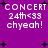 Purple background with white pixelated text reading "CONCERT 24th<33 chyeah!" and black plus signs scattered across the image.