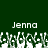 Green background with white pixelated text 'Jenna' mirrored horizontally, below which is a of abstract green and white shapes resembling foliage or stylized trees