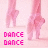 Animated pink pixel art of a dancer's legs in ballet shoes performing a sequence with text "DANCE DANCE" and small heart symbols.