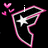 Animated pink-outlined 'F' shape with white star, pink hearts, and changing text above black background.