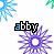 Animated pattern of purple starburst shapes with 'abby' text above each, alternating blue and green hand-like motifs in the background.