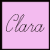 Four square display the name 'Clara' in cursive script on light purple backgrounds with varying borders and pixelation effects