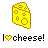 Pixelated yellow cheese wedge with brown holes and border, below which is black text reading "I❤cheese!" on white background.