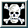 Pixelated skull and crossbones icon with four variations of colored eye pixels on black background.