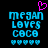 Pixelated blue text reads 'megan loves coca' with a pink heart above and five cyan hearts below on black background.