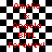 Red pixelated text on a black-and-white checkered background, with two identical vertical of text and symbols