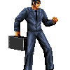 Pixel art of a man in a blue suit holding a black briefcase, standing with one hand clenched and the other on his hip against a gray background.