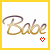 A stylized 'Babe' text in brown cursive with a purple outline, accompanied by pixelated heart icons that change color and quantity across frames.
